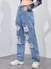 Frauen mit hoher Taille l￤ssig locker locker gerissene Wash Blue Jeanshose Delannes Weitbeinjeans