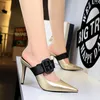 Dress Shoes European and American Style Fashion Simple Baotou Drag Stiletto Hoge hakken ondiepe mond puntige riem gesp. Dames