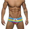 Heren zwemkleding nieuwe mannen regenboog gestreepte sexy catwalk strand zwemmen surf briefs zomer stretch zwem shorts met push pads en touw J220913