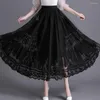 Rokken vrouwen groen lange maxi 2022 Chinese stijl zomer hoge taille geplooide vrouwelijke vintage grote swing a-line kant