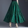 Jupes femmes vert longue Maxi 2022 Style chinois été taille haute plissée femme Vintage grande balançoire a-ligne dentelle