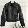 Damen Leder Damen Faux FMFSSOM 2022 Herbst Damen Soft Pu Jacke Schwarz O-Ausschnitt Motorrad Biker Slim Fit Streetwear Lady