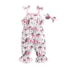 Rompers Baby Girl Summer Jumpsuit Kläddräkt Floral Print Casual ärmlös strumpeband Rompers och pannband 2 stycken J220922