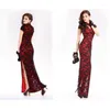 Etniska kläder 2022 Summer Fashion Chinese Traditionell klänning Design Long Cheongsam Kort ärmar Sexig split spets aftonklänningar1