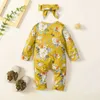 Rompers baby lente herfst kleding pasgeboren baby meisje bloemen romper lange mouw ruches jumpsuits met hoeden 2 stuks j220922