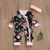 Rompers baby Autumn Clothes Newborn Girl Cotton Floral Romper långärmad knapp Jumpsuits med pannbandsdräkt J220922