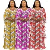 Plus Size Dresses African Women's Fashion Casual Mother's Wear Loose Bat Shirt Color Water Led V-neck Robe Drill Dress