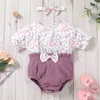 Rompers Baby Girls Jumpsuit Set Floral Print Short Sleeve Patchwork Shorts Romper With Bow Headband Summer Toddler Outfits J220922