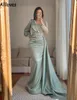 Sage Satin Mermaid Evening Formal Dresses With Long Sleeves Arabic Aso Ebi Sequins Lace Appliqued Prom Party Gowns Peplum Ruched Special Occasion Dress CL1177