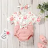 Rompers Baby Girls Jumpsuit Set Floral Print Short Sleeve Patchwork Shorts Romper With Bow pannband Summer Toddler Outfits J220922