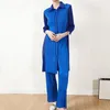 Women's T Shirts Miyake Contrast Color Autumn Suit Two-piece Women's Lapel Single-breasted Wide-leg Pants Plus Size Fashion Clothing