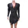 Casual Dresses 2022 Est Slim Sequin Elasticity Party Mini Dress Sequin Sexig Deep V-Neck Bubble Long Sleeve Ruffled Elegant Vintage