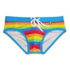 Mäns badkläder Nya män Rainbow Striped Sexig Catwalk Beach Swimming Surf Briefs Summer Stretch Swim Shorts With Push Pads and Rope J220913