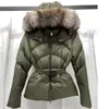 Designer Womens Down Parkas Hooded Fur Collar Waist Short Fit Slim Fashion Casual Embroidered Badge Thick Winter Warm Coat