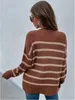 여자 스웨터 승무원 목 컬러 블록 긴 슬리브 스트라이프 드롭 어깨 스웨터