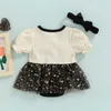 Rompers sommar nyfödda spädbarn baby flickor romper pannband mesh skarvande baby playsuit jumpsuit ruffle kjol baby kläder j220922