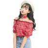 Women's Blouses 2022 Summer Fashion Sexy Halter Off Shoulder Casual Crop Tops Plaid Shirt Top Strapless Printed Short Sleeve Blouse Women