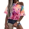 T-shirt da donna T-shirt da donna Taglie forti Donna Sexy Una spalla Moda Tie Dye Maglietta allentata Appesa Top a manica corta Estate