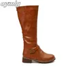 Boots Thigh high brown Women Vintage leather Square Heel Zipper knee height buckle Boot Keep Warm Round Toe Shoes British Style Y2209