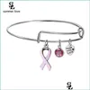 Bangle Breast Cancer Pink Ribbon Crystal Charm Wire Bangles Bracelet Hand Made With Love Bracelets Adjustable Jewelry Gift Bdejewelry Dhskm