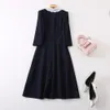 2022 가을 Peter Pan Neck Paneled Pockets Dress Blue Contrast Color 3/4 슬리브 버튼 단일 가슴 캐주얼 드레스 22S230010