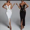 Casual Dresses 2022 Summer Women's Black Red Blue Chain P￤rlad tunn axelrem V-ringning Split Bandage kl￤nning Bodycon Celebrity Club