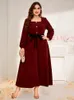 Plus -kl￤nningar Toleen African Maxi Dress 2022 Chic and Elegant Large Autumn Outfit Women Lady Solid Red Loose Clothing With Tie Belt