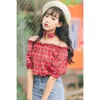 Women's Blouses 2022 Summer Fashion Sexy Halter Off Shoulder Casual Crop Tops Plaid Shirt Top Strapless Printed Short Sleeve Blouse Women