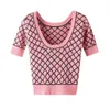 Frauen Pullover Runway Koreanische Plaid Gestrickte T-shirt Sexy Backless Kurzarm Casual Dünne T Sommer Tops Frauen Kleidung