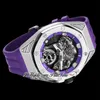 TWF 42 A2965 Hand Winding Mens Watch Tourbillon Titanium Steel Case 3D Black Panther Dial Roxo Borracha Strap 2022 Super Edition Relógios Pureitme B2