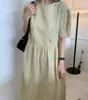 Party Dresses Korean Style Vintage Puff Sleeve Dress Girl Double Breasted Long Skirt One Piece Women Clothes Solid Minimalist