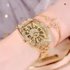 Pulseira de luxo Pulseira de luxo relógio Tonneau em forma de diamante completo Feminino Feminino Quartz Impermeável Relógios de pulso de aço inoxidável elegante