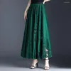 Jupes femmes vert longue Maxi 2022 Style chinois été taille haute plissée femme Vintage grande balançoire a-ligne dentelle