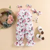 Rompers Baby Girl Summer Jumpsuit Kläddräkt Floral Print Casual ärmlös strumpeband Rompers och pannband 2 stycken J220922