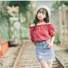 Women's Blouses 2022 Summer Fashion Sexy Halter Off Shoulder Casual Crop Tops Plaid Shirt Top Strapless Printed Short Sleeve Blouse Women