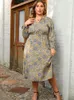 Plus Größe Kleider Herbst Frauen 4XL 5XL Casual Lose V-ausschnitt Langarm Floral Midi Kleid Elegante Mode Damen party