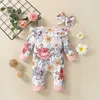 Rompers baby lente herfst kleding pasgeboren baby meisje bloemen romper lange mouw ruches jumpsuits met hoeden 2 stuks j220922