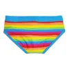 Heren zwemkleding nieuwe mannen regenboog gestreepte sexy catwalk strand zwemmen surf briefs zomer stretch zwem shorts met push pads en touw J220913