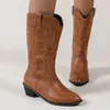 Buty 2022 Winter Women Cowboy Western Totem Gingham Pu Skórzowe buty wysokie obcasy stałe kolory ślizgowe Chelsea de Mujer Y2209