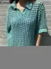 Swetery kobiet Kimotimo Summer Hollow Hollow Short Sleeve Knit Pullover Kobiet Lapel Transparent Średnia długość sweter koreański elegancki temperament J220915