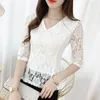 Blouses pour femmes Sexy évider dentelle Blouse femmes décontracté col en V demi manches chemises femme élégant violet/jaune/blanc Slim hauts Y638