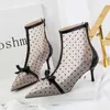 Boots Women's Korean-Style Sexy Fashion Pointed Mesh Polka Dot Breathable Hollow Bow Stiletto Ankle Boot Party Summer Casual for Woman Y2209