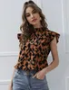 Kadınlar bluz gömlekleri fırfır trim alover baskısı üst leopar