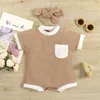 Rompers 2022 Summer söta flickor pojkar romper kläder lapptäcke våffla kort hylsa jumpsuit playsuit bow pannband set j220922