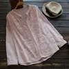 Women's Blouses Literature Sweet Embroidery Flower Blouse Women Blue Pink V Neck Cotton Tops Long Sleeve Shirts Loose Chemise Femme Blusas