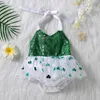 Pagliaccetti Neonate Pagliaccetto Vestito Paillettes Verde Trifoglio Stampa Senza maniche Halter Tute Carino Abiti estivi senza schienale J220922