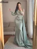 Sage Satin Mermaid Evening Formal Dresses With Long Sleeves Arabic Aso Ebi Sequins Lace Appliqued Prom Party Gowns Peplum Ruched Special Occasion Dress CL1177