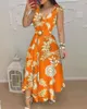 Casual Dresses 2022 Summer Woman Chic V-hals Floral Print bundet B￤ltet Design ￤rml￶s Maxi-semesterkl￤nning