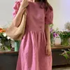 Party Dresses Korean Style Vintage Puff Sleeve Dress Girl Double Breasted Long Skirt One Piece Women Clothes Solid Minimalist