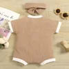 Rompers 2022 Summer söta flickor pojkar romper kläder lapptäcke våffla kort hylsa jumpsuit playsuit bow pannband set j220922